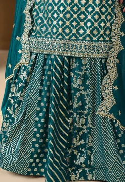 Woven Art Silk Jacquard Lehenga in Teal Blue