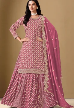 Woven Art Silk Jacquard Lehenga in Pink