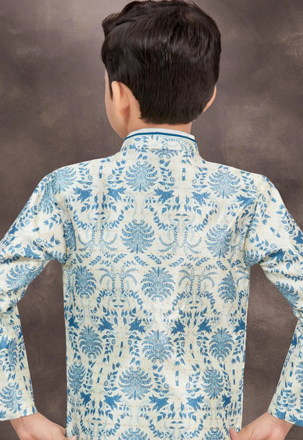 Woven Art Silk Jacquard Layered Sherwani in Off White and Blue