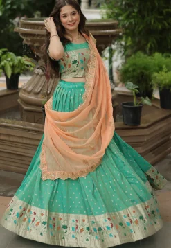 Woven Art Silk Jacquard Lehenga in Sea Green