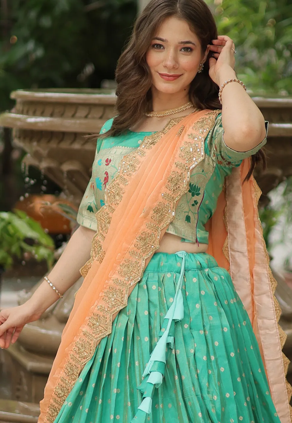Woven Art Silk Jacquard Lehenga in Sea Green