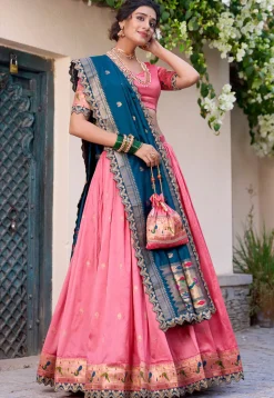 Woven Art Silk Jacquard Lehenga in Pink