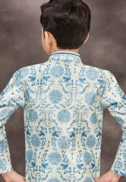 Woven Art Silk Jacquard Layered Sherwani in Off White and Teal Blue