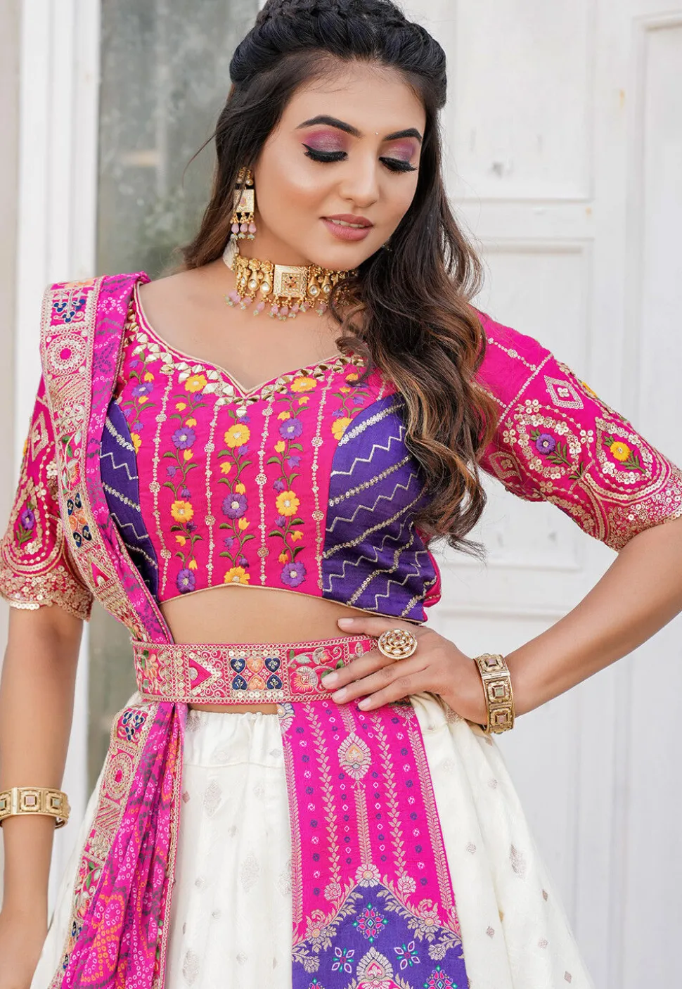 Woven Art Silk Jacquard Lehenga in Off White