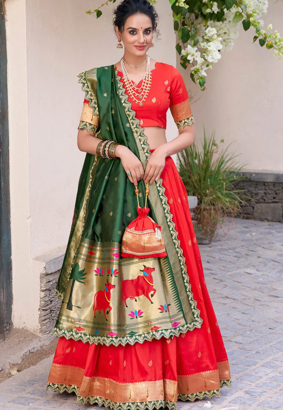 Woven Art Silk Jacquard Lehenga in Red