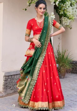Woven Art Silk Jacquard Lehenga in Red