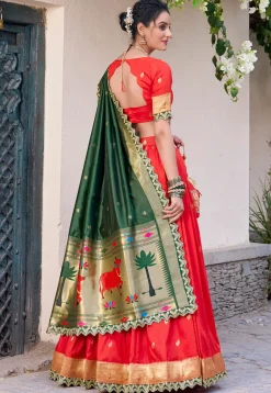Woven Art Silk Jacquard Lehenga in Red