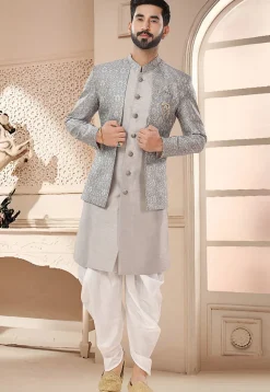 Woven Art Silk Jacquard Layered Sherwani in Grey