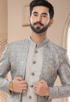 Woven Art Silk Jacquard Layered Sherwani in Grey
