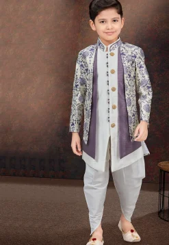 Woven Art Silk Jacquard Layered Sherwani in Off White and Purple