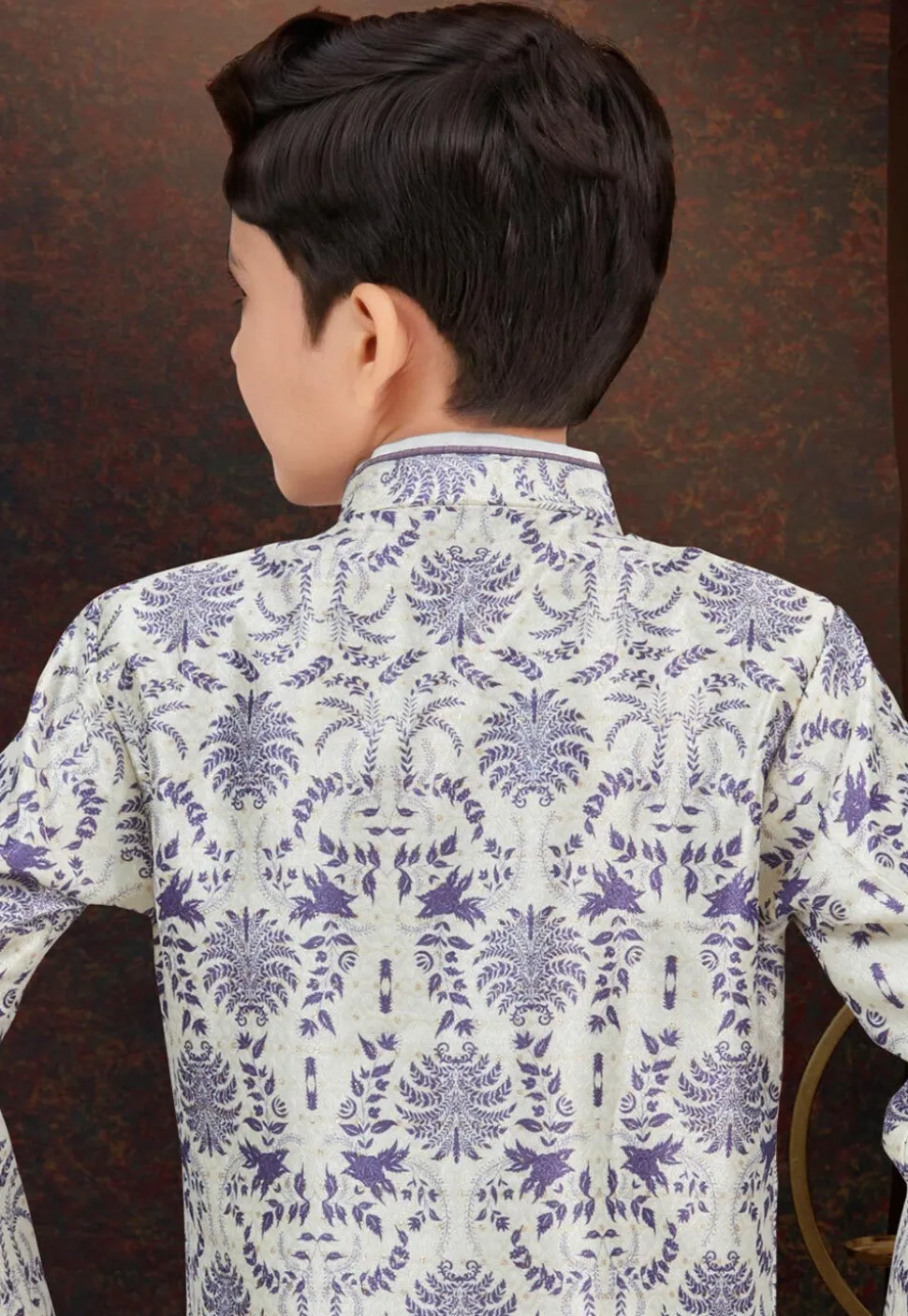 Woven Art Silk Jacquard Layered Sherwani in Off White and Purple