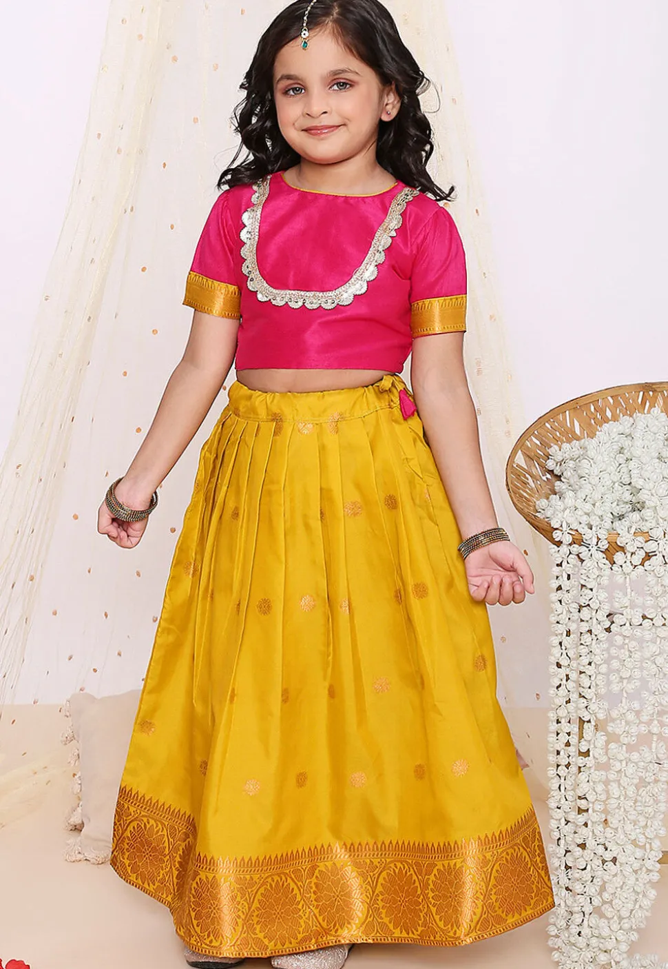 Woven Art Silk Jacquard Lehenga in Mustard