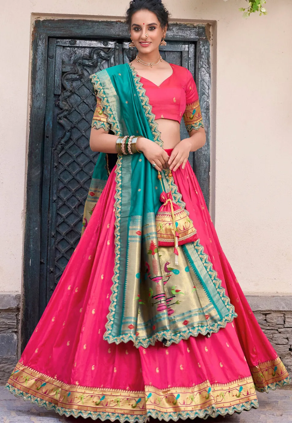 Woven Art Silk Jacquard Lehenga in Fuchsia