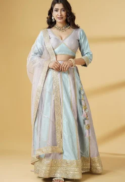 Woven Art Silk Jacquard Lehenga in Sky Blue and Dusty Purple