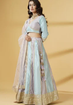 Woven Art Silk Jacquard Lehenga in Sky Blue and Dusty Purple