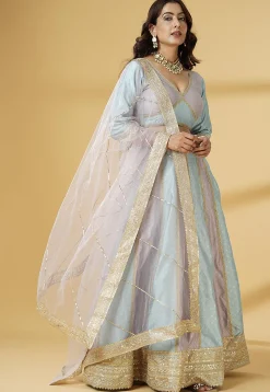 Woven Art Silk Jacquard Lehenga in Sky Blue and Dusty Purple