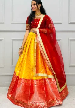 Woven Art Silk Jacquard Lehenga in Yellow