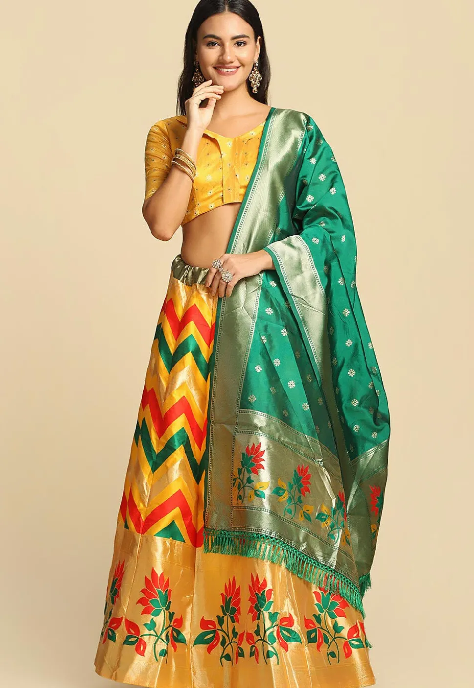 Woven Art Silk Jacquard Lehenga in Yellow