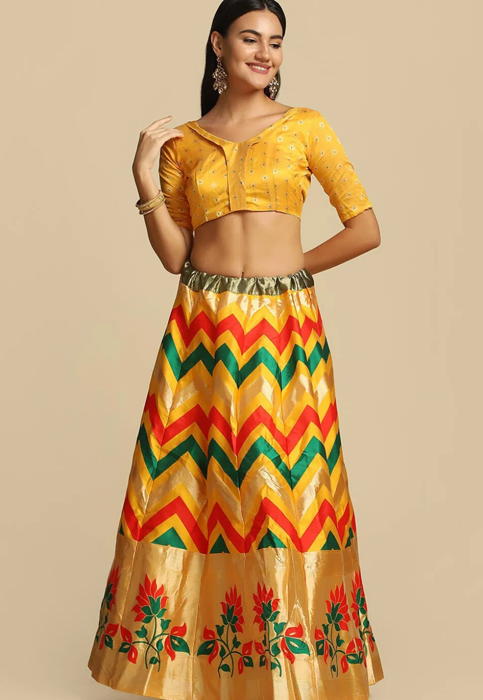 Woven Art Silk Jacquard Lehenga in Yellow