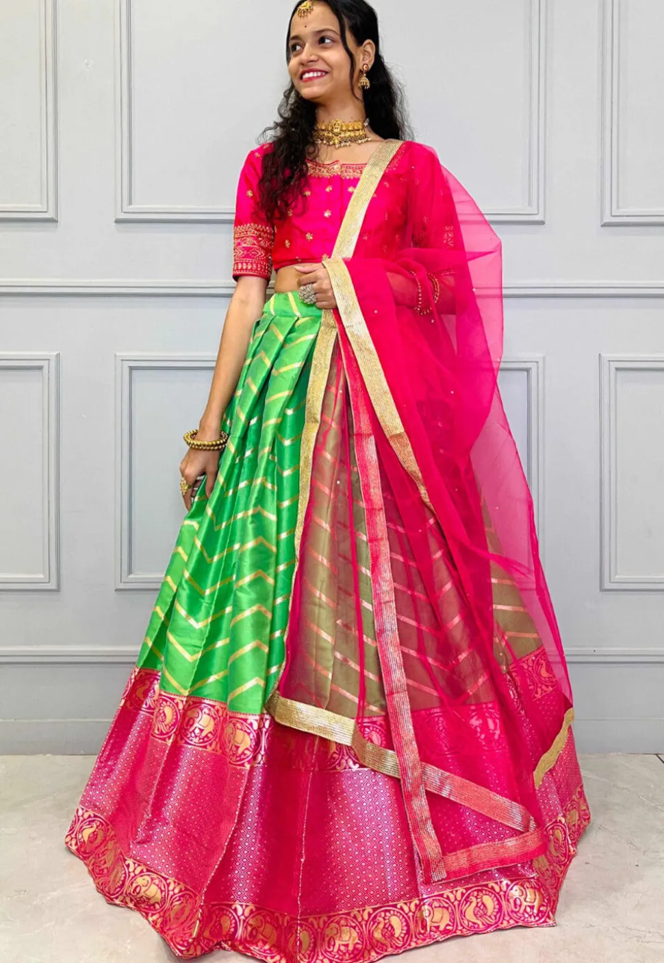 Woven Art Silk Jacquard Lehenga in Light Green