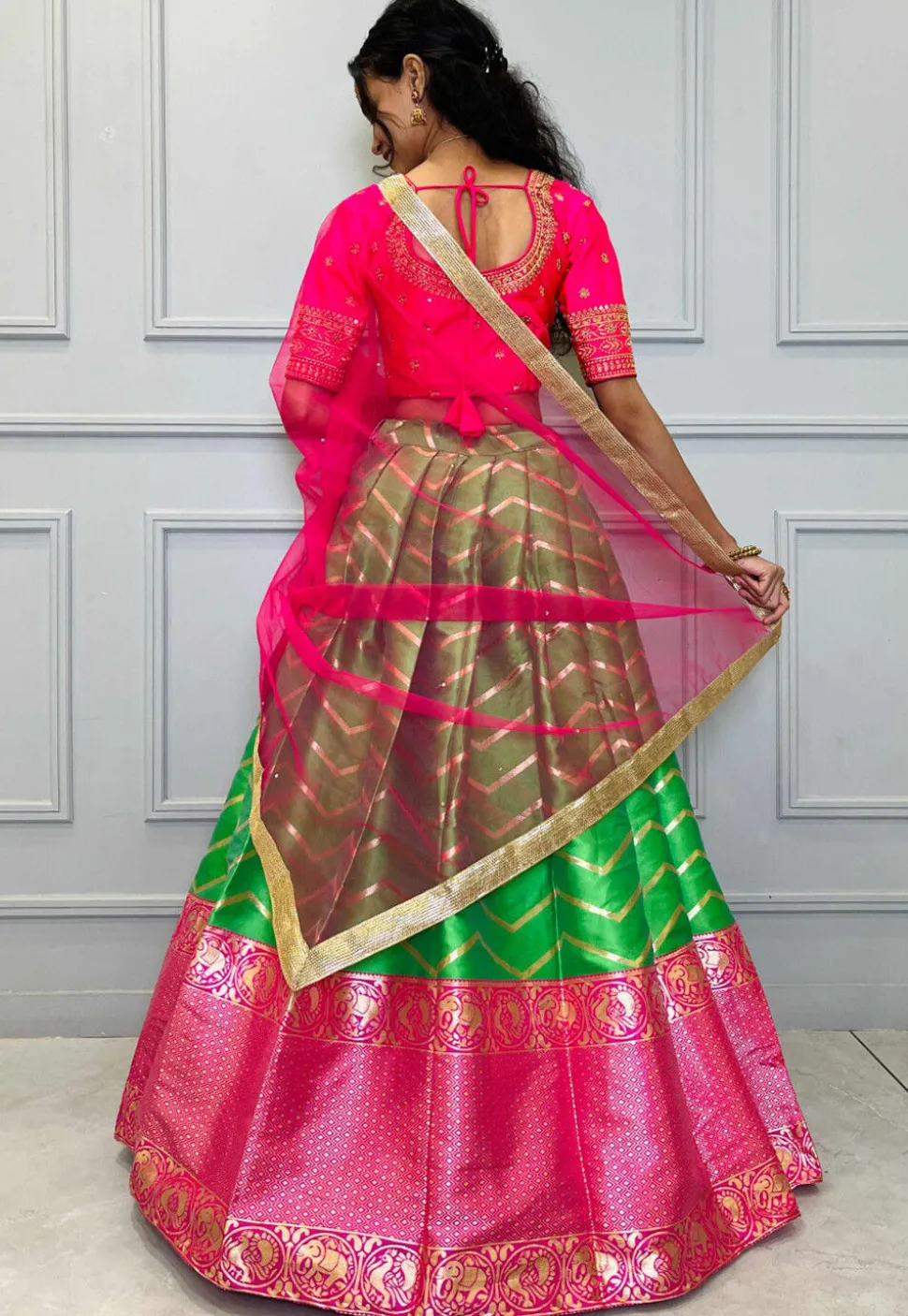 Woven Art Silk Jacquard Lehenga in Light Green