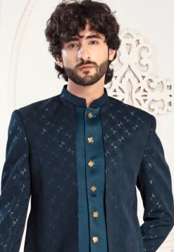 Woven Art Silk Jacquard Layered Jodhpuri Suit in Teal Blue