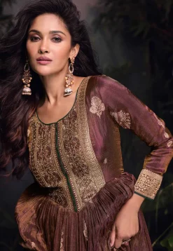 Woven Art Silk Jacquard Long Kurta in Dark Brown