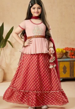 Woven Art Silk Jacquard Lehenga in Red