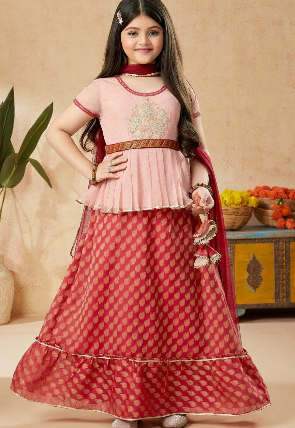 Woven Art Silk Jacquard Lehenga in Red