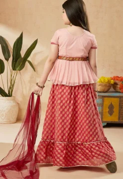 Woven Art Silk Jacquard Lehenga in Red