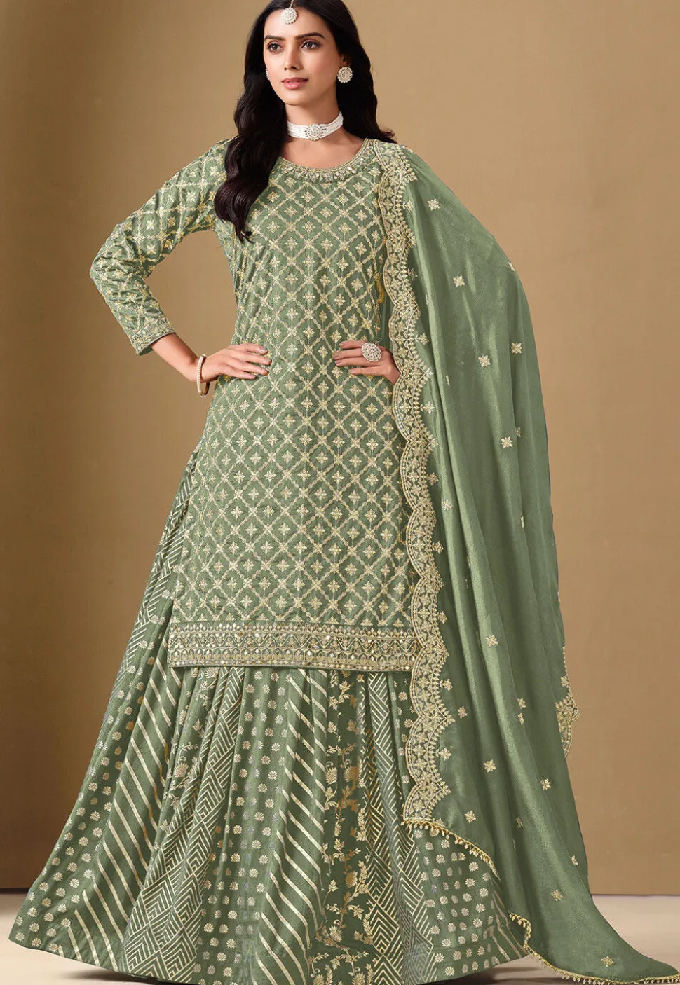 Woven Art Silk Jacquard Lehenga in Light Green