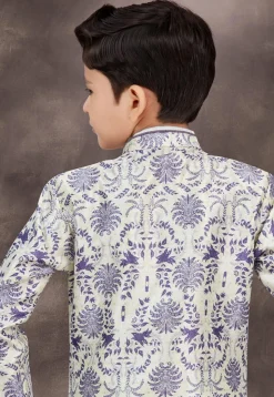 Woven Art Silk Jacquard Layered Sherwani in Off White and Purple