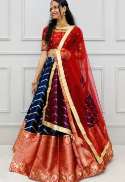 Woven Art Silk Jacquard Lehenga in Dark Blue