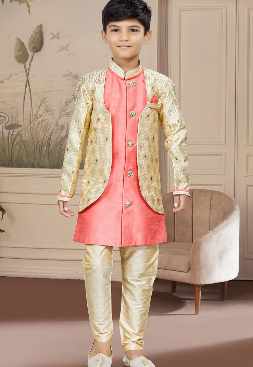 Woven Art Silk Jacquard Layered Sherwani in Peach and Cream