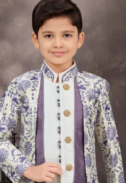 Woven Art Silk Jacquard Layered Sherwani in Off White and Purple