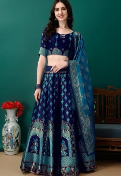 Woven Art Silk Jacquard Lehenga in Navy Blue