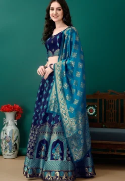 Woven Art Silk Jacquard Lehenga in Navy Blue