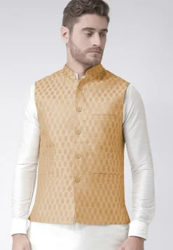 Woven Art Silk Jacquard Nehru Jacket in Beige