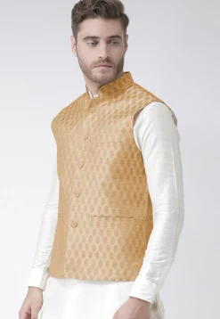 Woven Art Silk Jacquard Nehru Jacket in Beige