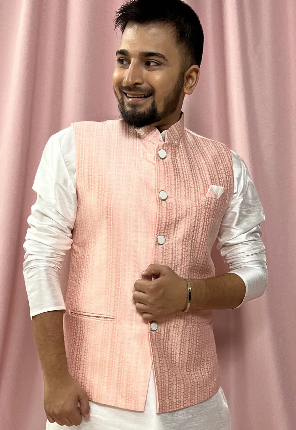 Woven Art Silk Jacquard Nehru Jacket in Peach