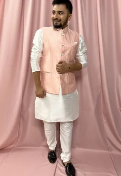 Woven Art Silk Jacquard Nehru Jacket in Peach