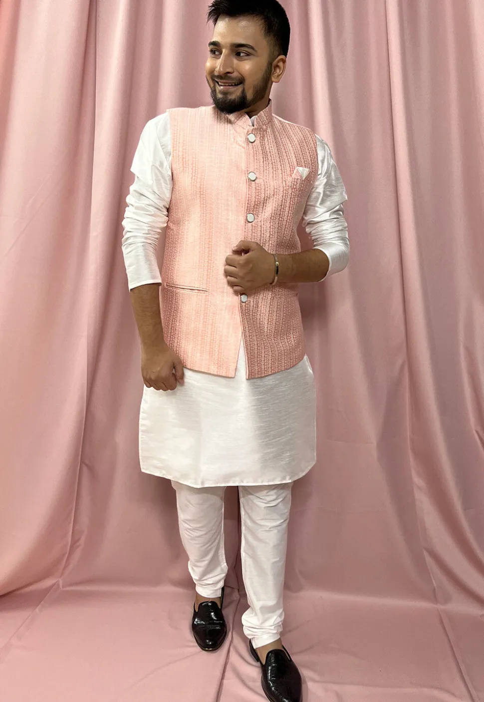 Woven Art Silk Jacquard Nehru Jacket in Peach