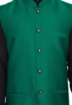 Woven Art Silk Jacquard Nehru Jacket in Teal Green