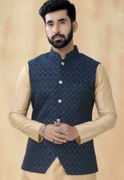 Woven Art Silk Jacquard Nehru Jacket in Blue