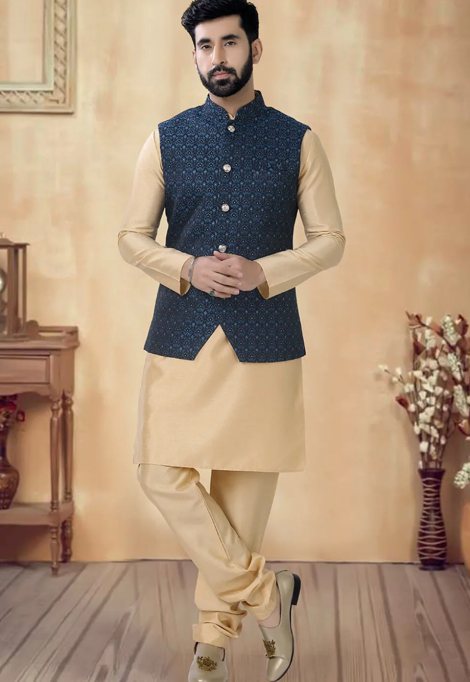Woven Art Silk Jacquard Nehru Jacket in Blue