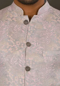 Woven Art Silk Jacquard Nehru Jacket in Grey