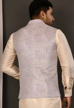 Woven Art Silk Jacquard Nehru Jacket in Grey