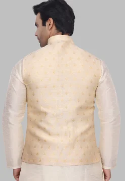 Woven Art Silk Jacquard Nehru Jacket in Light Beige