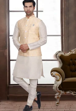 Woven Art Silk Jacquard Nehru Jacket in Light Beige