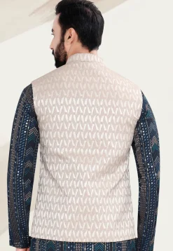 Woven Art Silk Jacquard Nehru Jacket in Light Beige